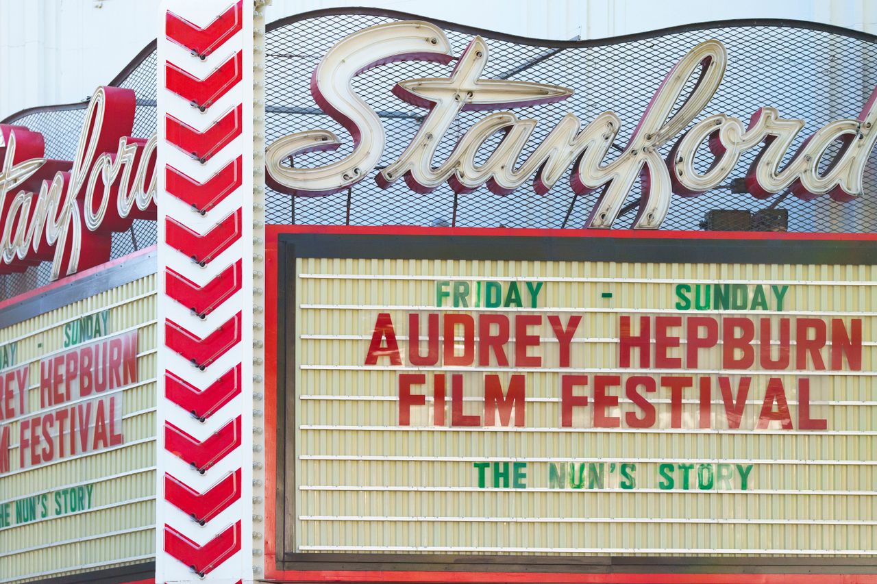 menu-01 Stanford Theatre sign promoting Audrey Hepburn Film Festival in Palo Alto, California.
